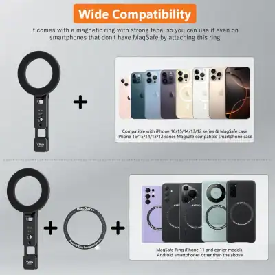 Ring-style accessory shown with a lineup of iPhone models and MagSafe cases to indicate wide compatibility.