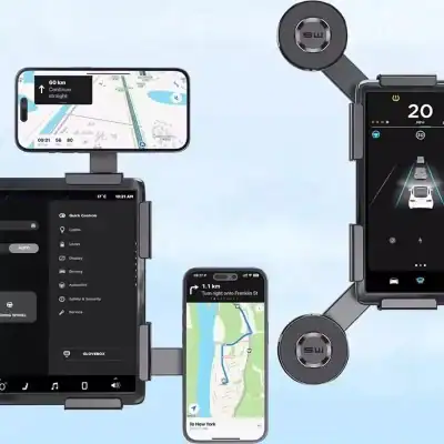 Quadruple-device car mount with two smartphones and a tablet, each displaying navigation or driving interfaces in a vehicle setup.