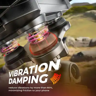 Close-up of a camera gimbal showing its vibration-damping springs and cushions with pink glow and arrows highlighting the dampers.