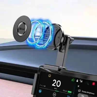 Exploded diagram of a wireless car charger on a phone mount, showing blue charging coils and the circular charging pad separating from the base.