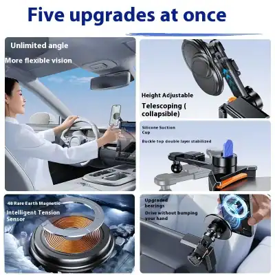 Driver seated in a car, holding the steering wheel with a mounted device visible on the dash, illustrating'Unlimited angle' and'More flexible vision' features safely.