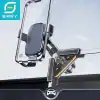 Car phone mount securing a smartphone to a car surface with adjustable arms and branding in the corner (EAR? logo).