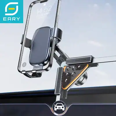 Car phone mount securing a smartphone to a car surface with adjustable arms and branding in the corner (EAR? logo).