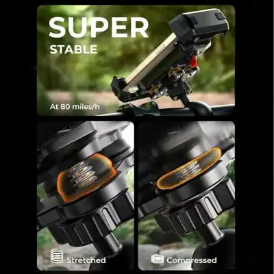 Promotional image highlighting a ultra-stable gimbal/stand system with a device mounted, shown at 80 mph for stability demonstration.
