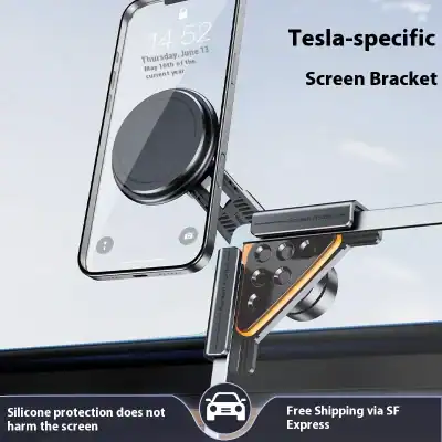Tesla-specific screen bracket holding a smartphone on a car window; silicone protection won’t harm the screen; free SF Express shipping.