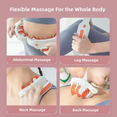 Pink-themed banner advertising a whole-body massage device with four panels labeled Abdominal, Leg, Neck, and Back Massage.