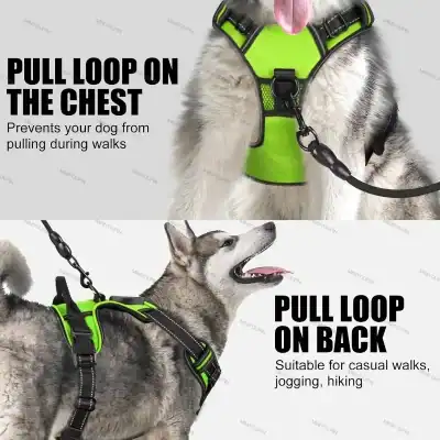 Dog wearing a neon-green harness with a chest loop, promoting a design that prevents pulling during walks.
