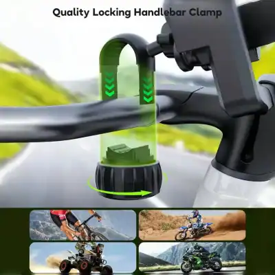 Product hero showing a green locking handlebar clamp labeled'Quality Locking Handlebar Clamp' securing a bike handlebars.