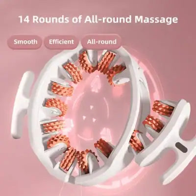 Circular facial massager with multiple orange rollers around a ring on a pink background.