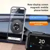 Magnetic car phone holder mounted on a dash with a phone attached, showing navigation on screen and promotional text about compatibility and no glue needed