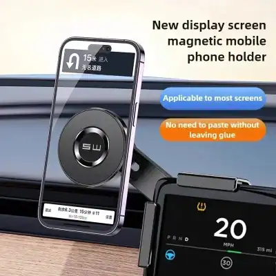 Magnetic car phone holder mounted on a dash with a phone attached, showing navigation on screen and promotional text about compatibility and no glue needed